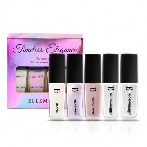 Timeless Elegance Nail Polish Set – French Pink, Blanc White, Milky Way Holographic Chrome & Gloss Top Coat