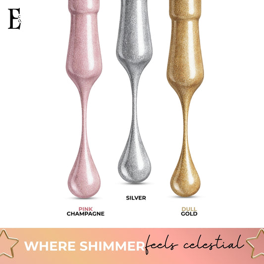 Celestial Shimmer Nail Polish Set, Silver, Dull Gold, Pink Champagne, Sparkling Colors, Set of 3