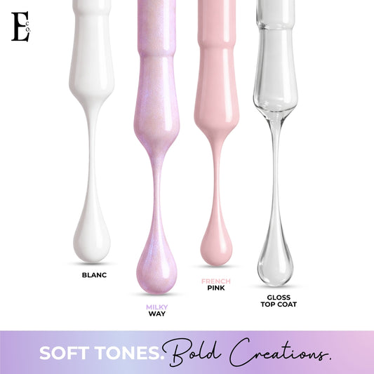 Timeless Elegance Nail Polish Set – French Pink, Blanc White, Milky Way Holographic Chrome & Gloss Top Coat