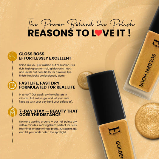 Golden Hour Vegan Gold Nail Polish – Chip-Resistant, Glittery Finish, Gel-Like Shine, Long-Lasting 3