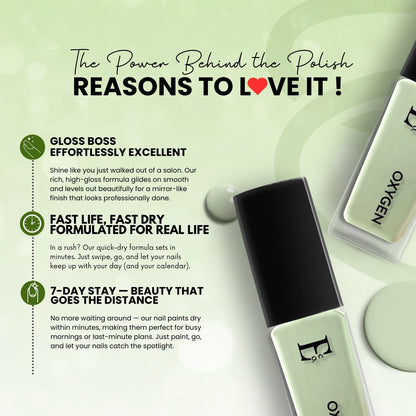 Oxygen Vegan Light Green Nail Polish – Chip-Resistant, Non-Yellowing, Gel-Like Shine, Long-Lasting 3
