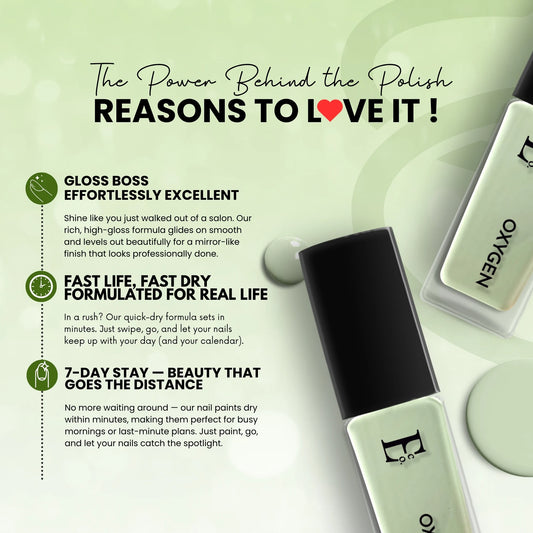 Oxygen Vegan Light Green Nail Polish – Chip-Resistant, Non-Yellowing, Gel-Like Shine, Long-Lasting 3