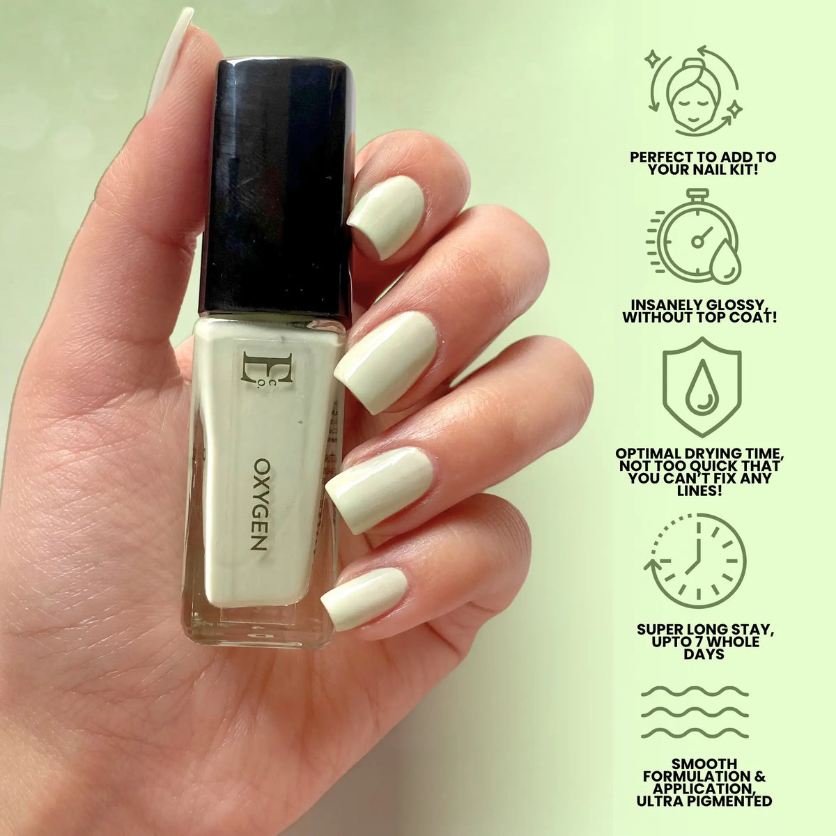 Oxygen Vegan Light Green Nail Polish – Chip-Resistant, Non-Yellowing, Gel-Like Shine, Long-Lasting 5