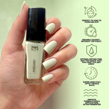 Oxygen Vegan Light Green Nail Polish – Chip-Resistant, Non-Yellowing, Gel-Like Shine, Long-Lasting 5