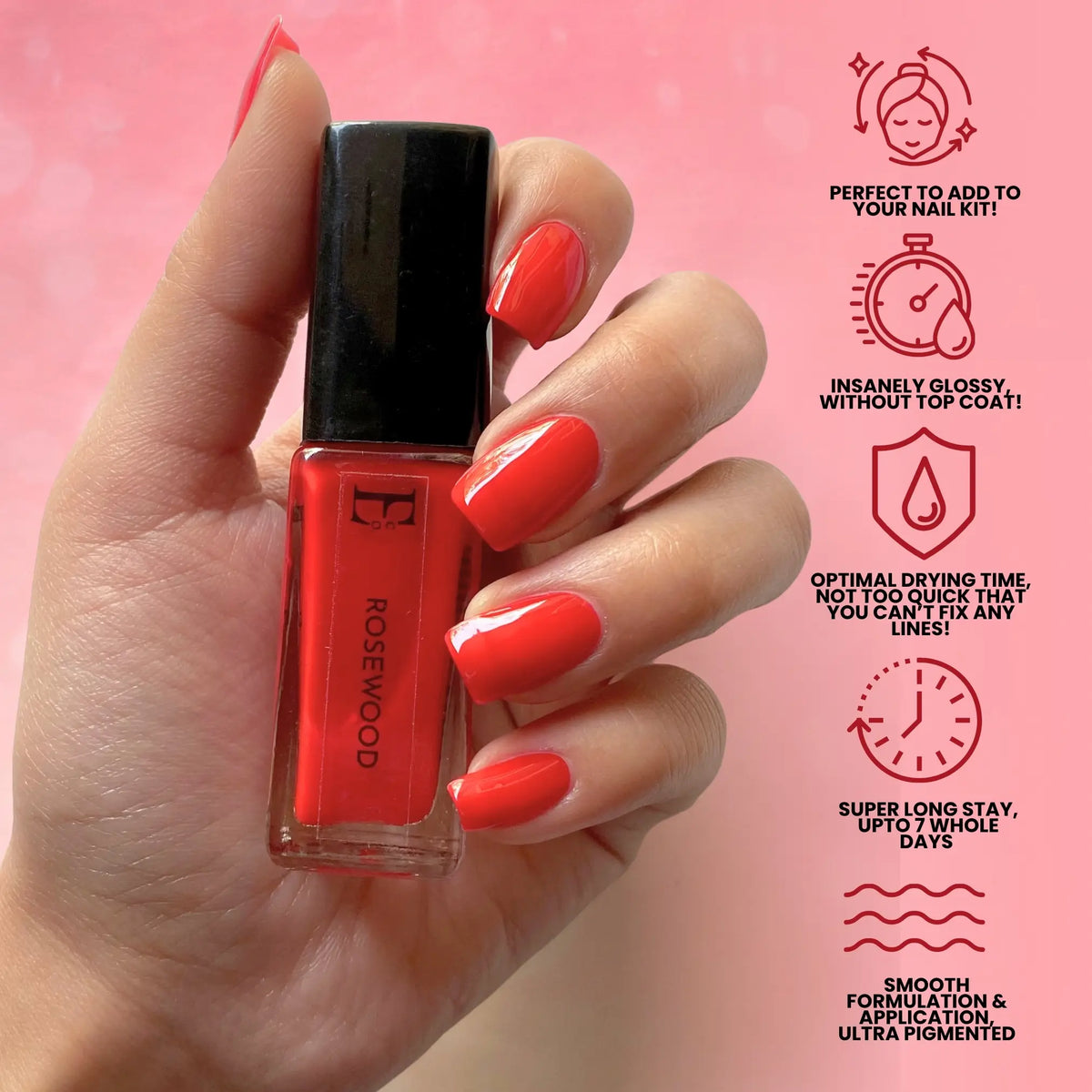 Rosewood Vegan Dark Red Nail Polish – Chip-Resistant, Non-Yellowing, Gel-Like Shine, Long-Lasting 4