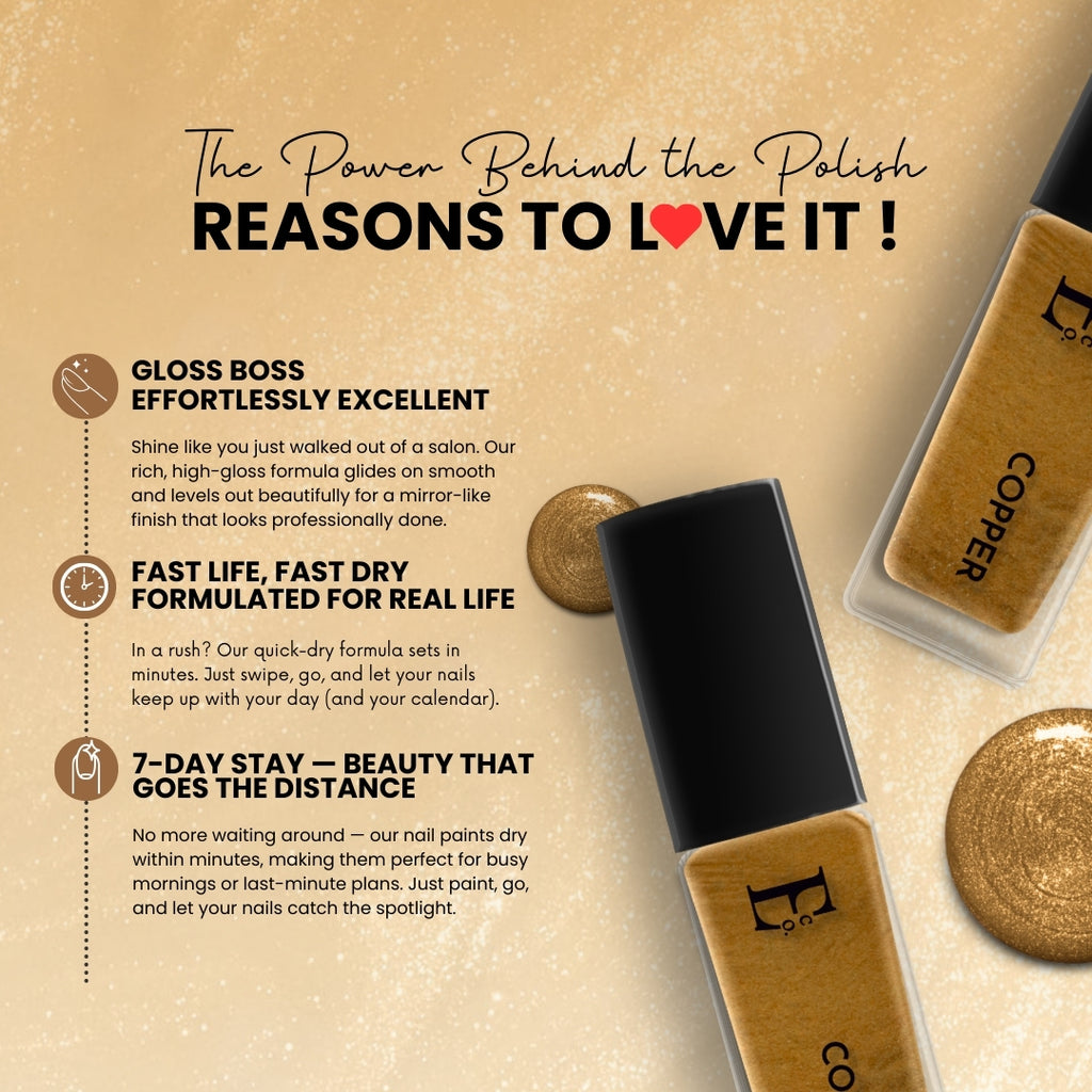 Copper Vegan Metallic Nail Polish – Chip-Resistant, Non-Yellowing, Gel-Like Shine, Long-Lasting