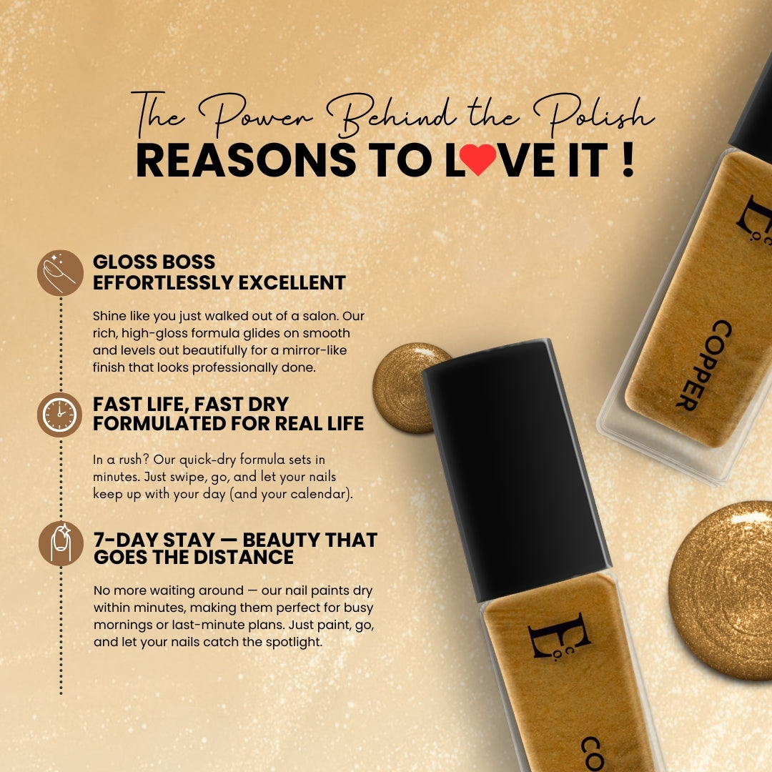 Copper Vegan Metallic Nail Polish – Chip-Resistant, Non-Yellowing, Gel-Like Shine, Long-Lasting