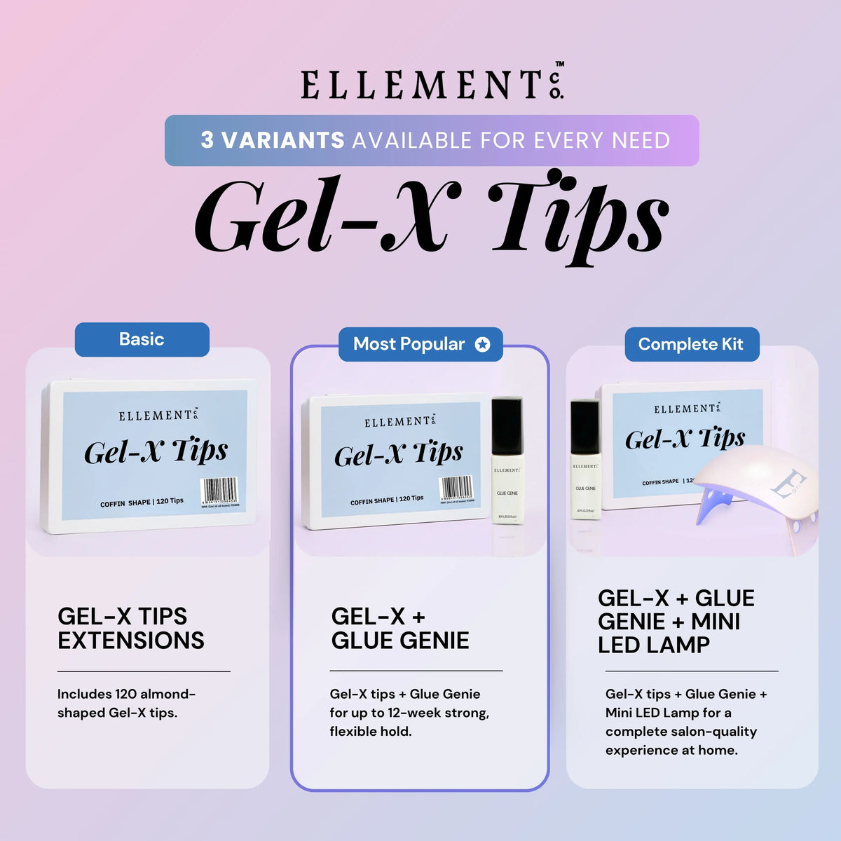 Gel-X KIT-6 - Coffin Tips (Gel-X Tips Box (120pc) + Glue Genie 10ml + Mini LED Lamp) 6