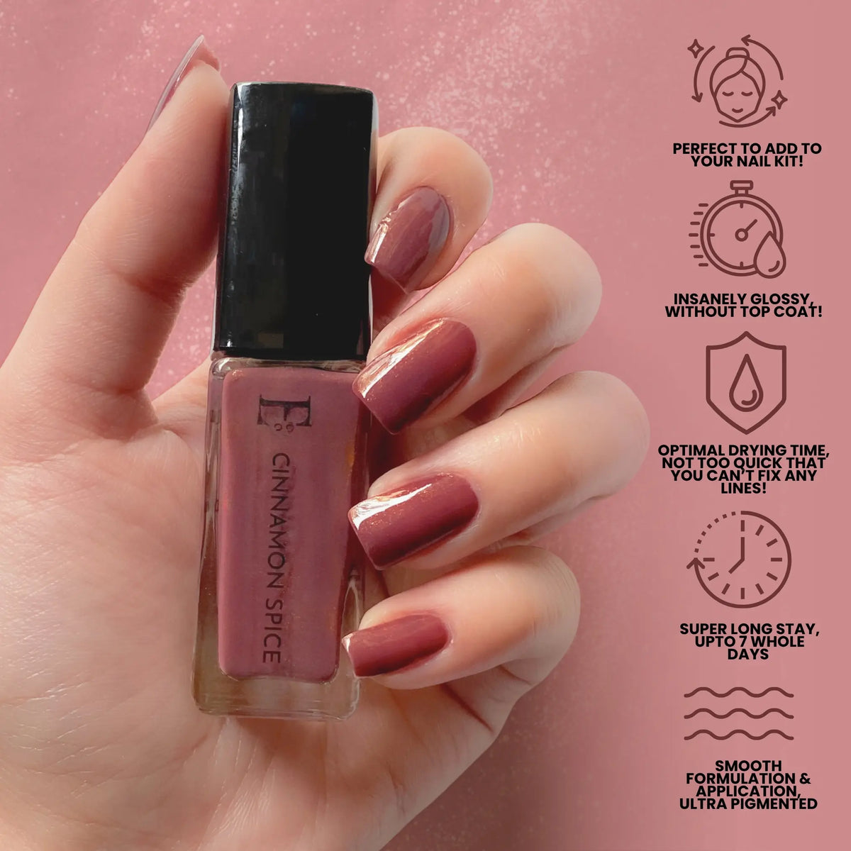 Cinnamon Spice Vegan Light Maroon Nail Polish – Chip-Resistant, Non-Yellowing, Metallic Shimmer, Long-Lasting 8