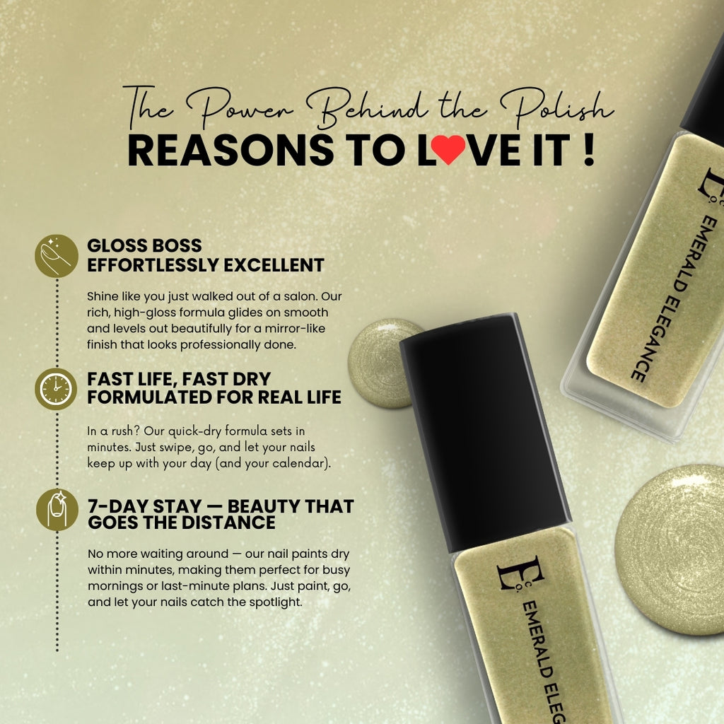 Emerald Elegance Vegan Green Nail Polish – Chip-Resistant, Non-Yellowing, Gel-Like Shine, Long-Lasting