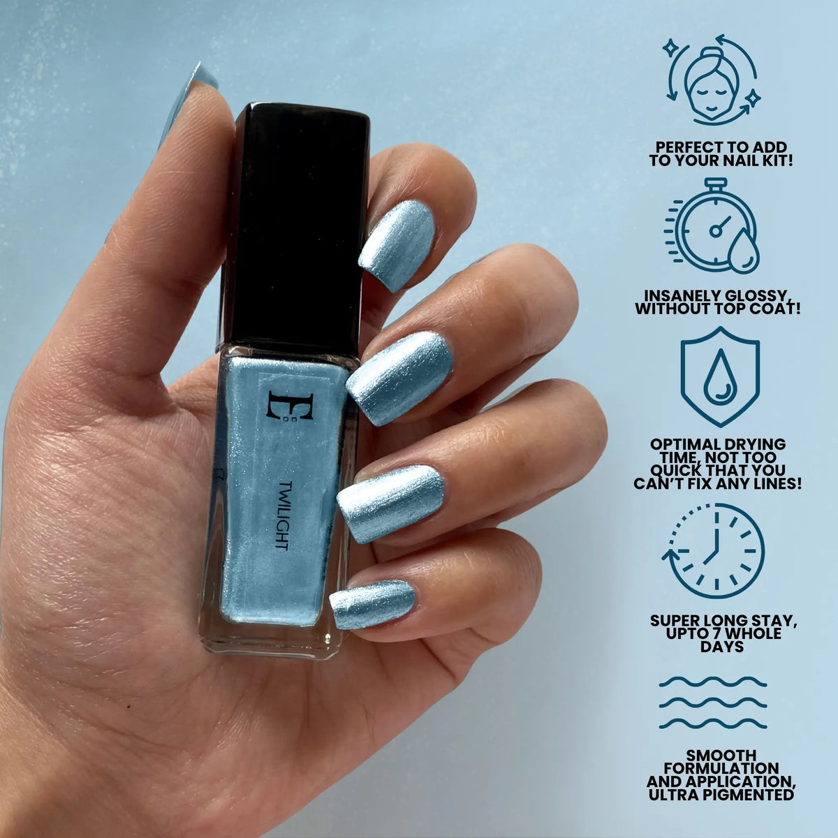 Twilight Vegan Blue Metallic Nail Polish – Chip-Resistant, Non-Yellowing, Gel-Like Shine, Long-Lasting 4