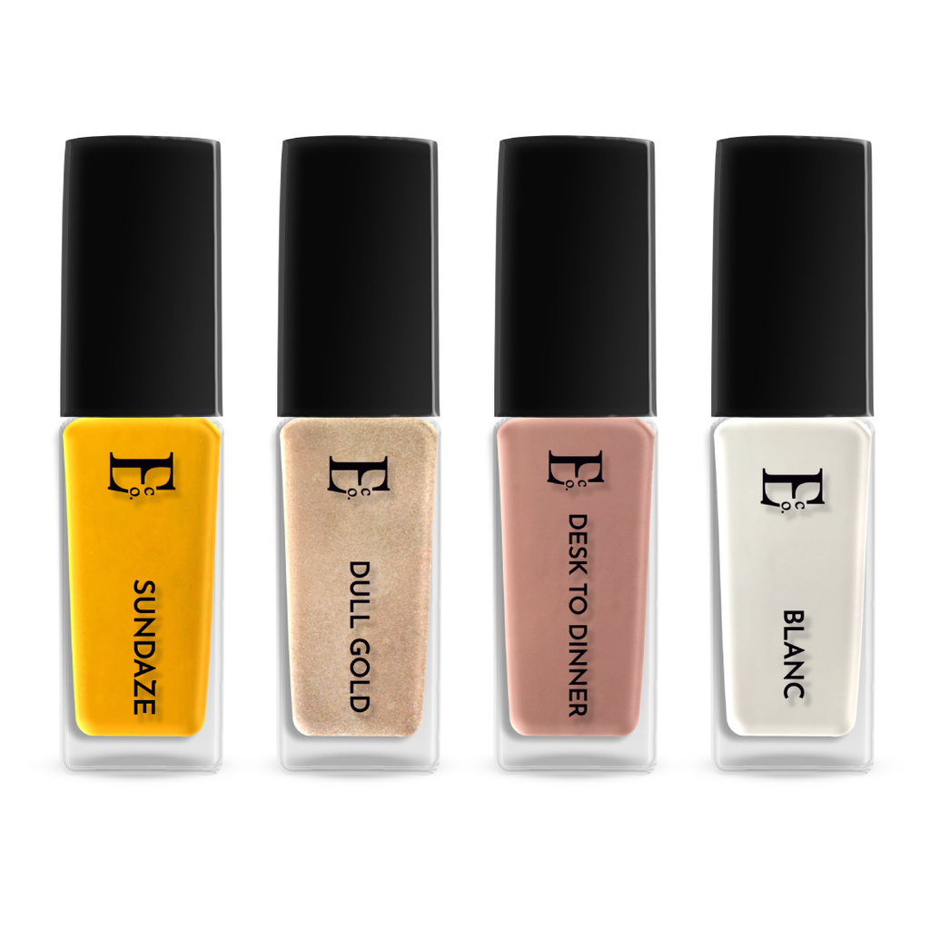 Glow For It Nail Polish Set – 4-Piece Collection with Sundaze Yellow, Dull Gold Shimmer, Desk to Dinner Nude, and Blanc White
