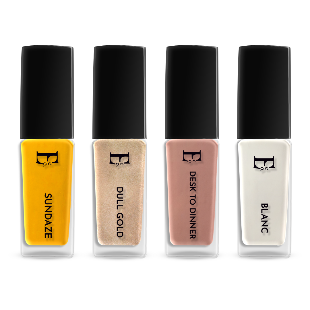 Glow For It Nail Polish Set – 4-Piece Collection with Sundaze Yellow, Dull Gold Shimmer, Desk to Dinner Nude, and Blanc White