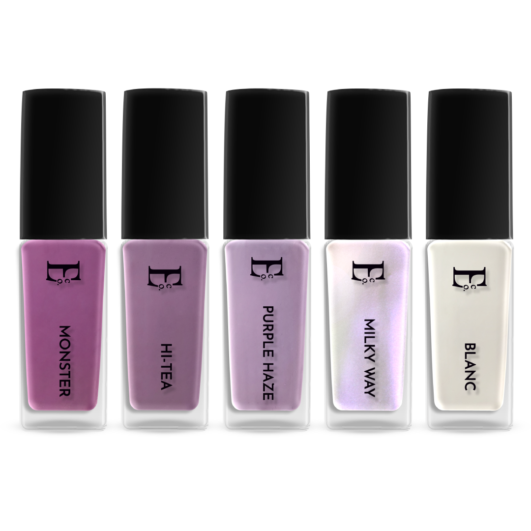 Lavender Love Nail Polish Set – 5-Piece Purple and White Collection (Monster, Hi-Tea, Purple Haze, Milky Way, Blanc)