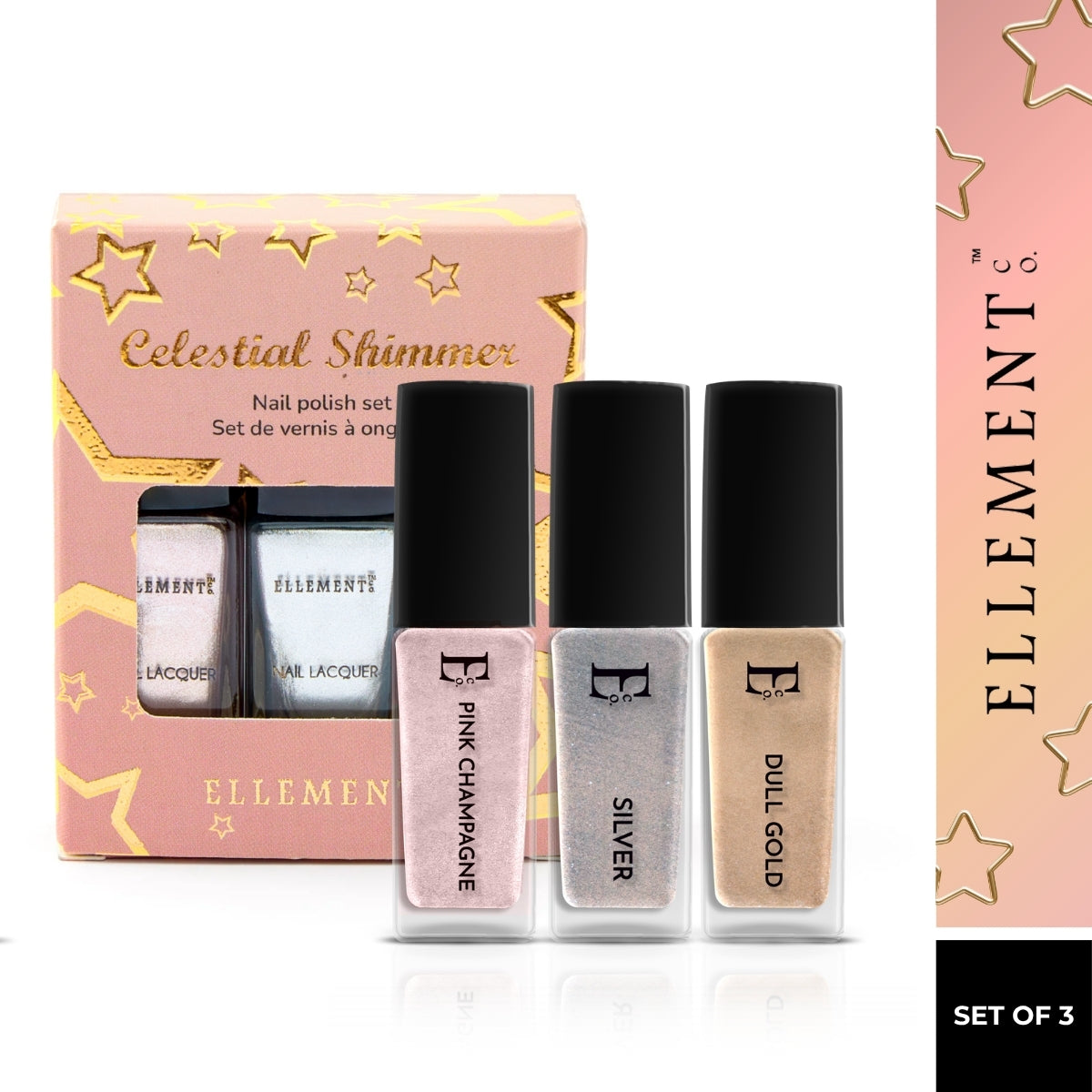 Celestial Shimmer Nail Polish Set, Silver, Dull Gold, Pink Champagne, Sparkling Colors, Set of 3