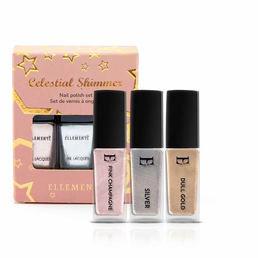 Celestial Shimmer Nail Polish Set, Silver, Dull Gold, Pink Champagne, Sparkling Colors, Set of 3