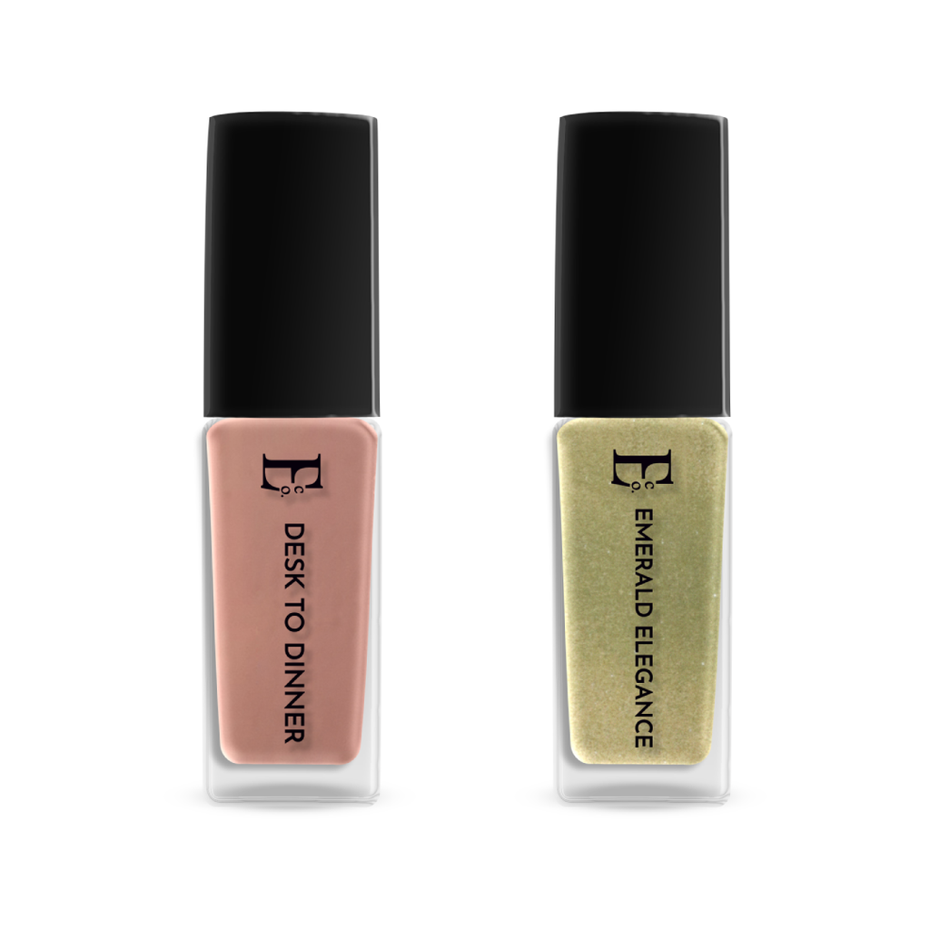 Sublime Shimmer Nail Polish Set – Nude and Metallic Green Shades for Elegant, Long-Lasting Nail Art