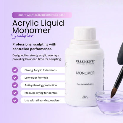 Acrylic Monomer Liquid for Nail Extensions and Overlays – Low Odor, Anti-Yellowing, Medium Drying Formula for Strong Adhesion and Smooth Finish