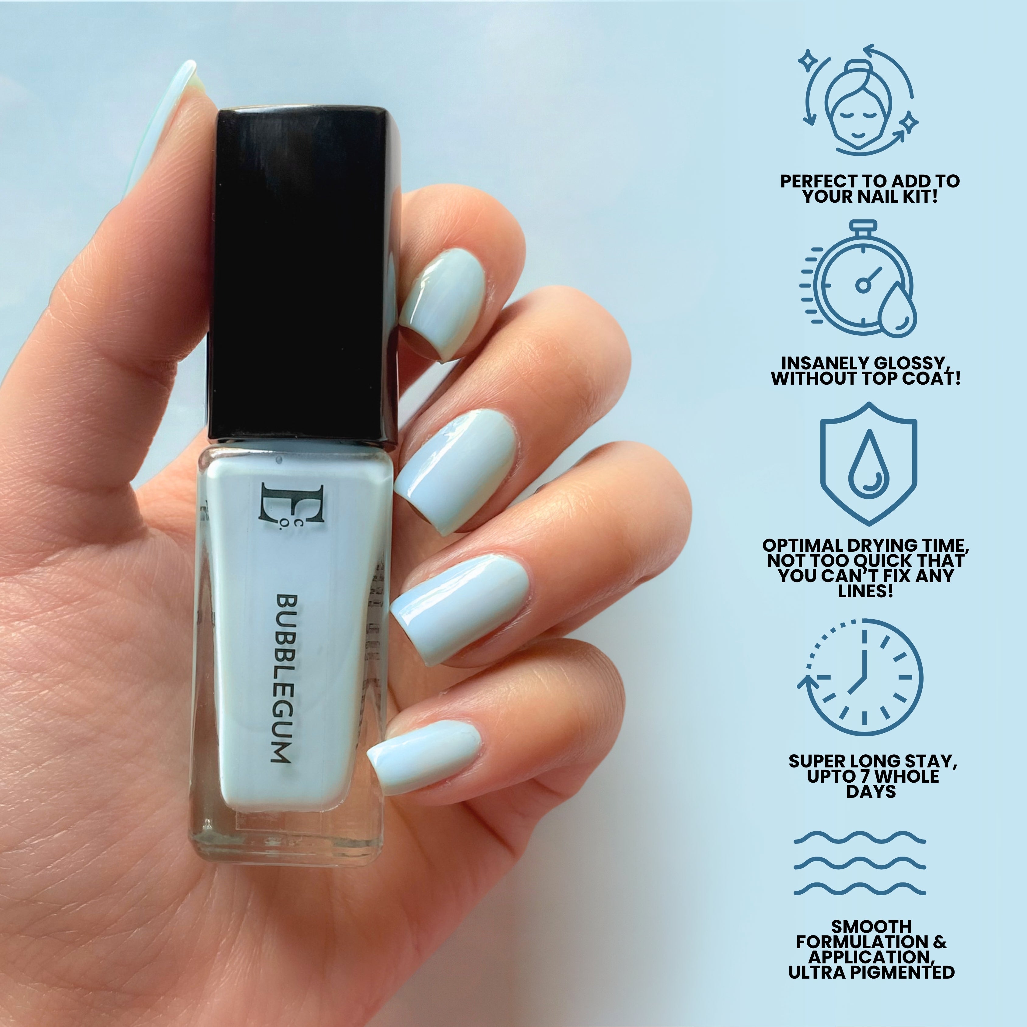 Bubblegum Vegan Nail Polish – Blue Pastel, Gel-Like, Chip-Resistant, Shiny Finish, Strengthens Nails