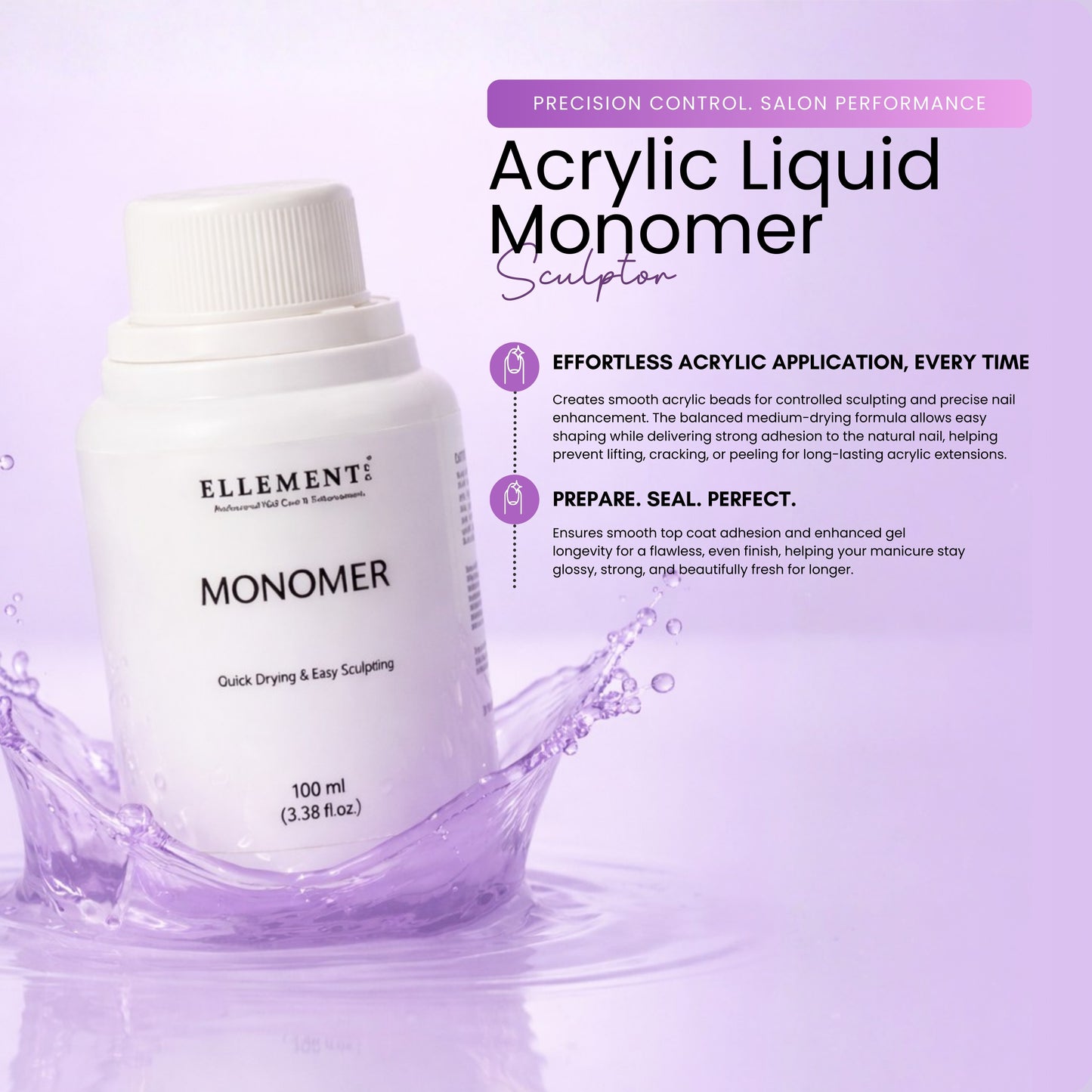 Acrylic Monomer Liquid for Nail Extensions and Overlays – Low Odor, Anti-Yellowing, Medium Drying Formula for Strong Adhesion and Smooth Finish