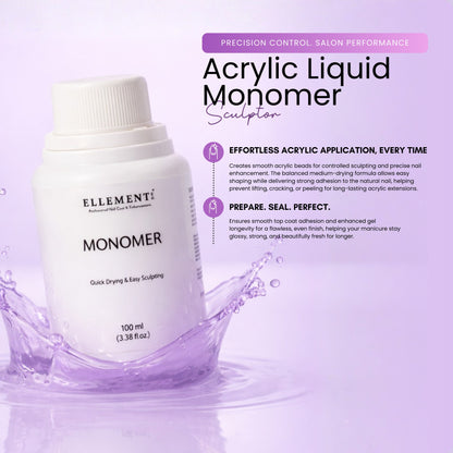 Acrylic Monomer Liquid for Nail Extensions and Overlays – Low Odor, Anti-Yellowing, Medium Drying Formula for Strong Adhesion and Smooth Finish