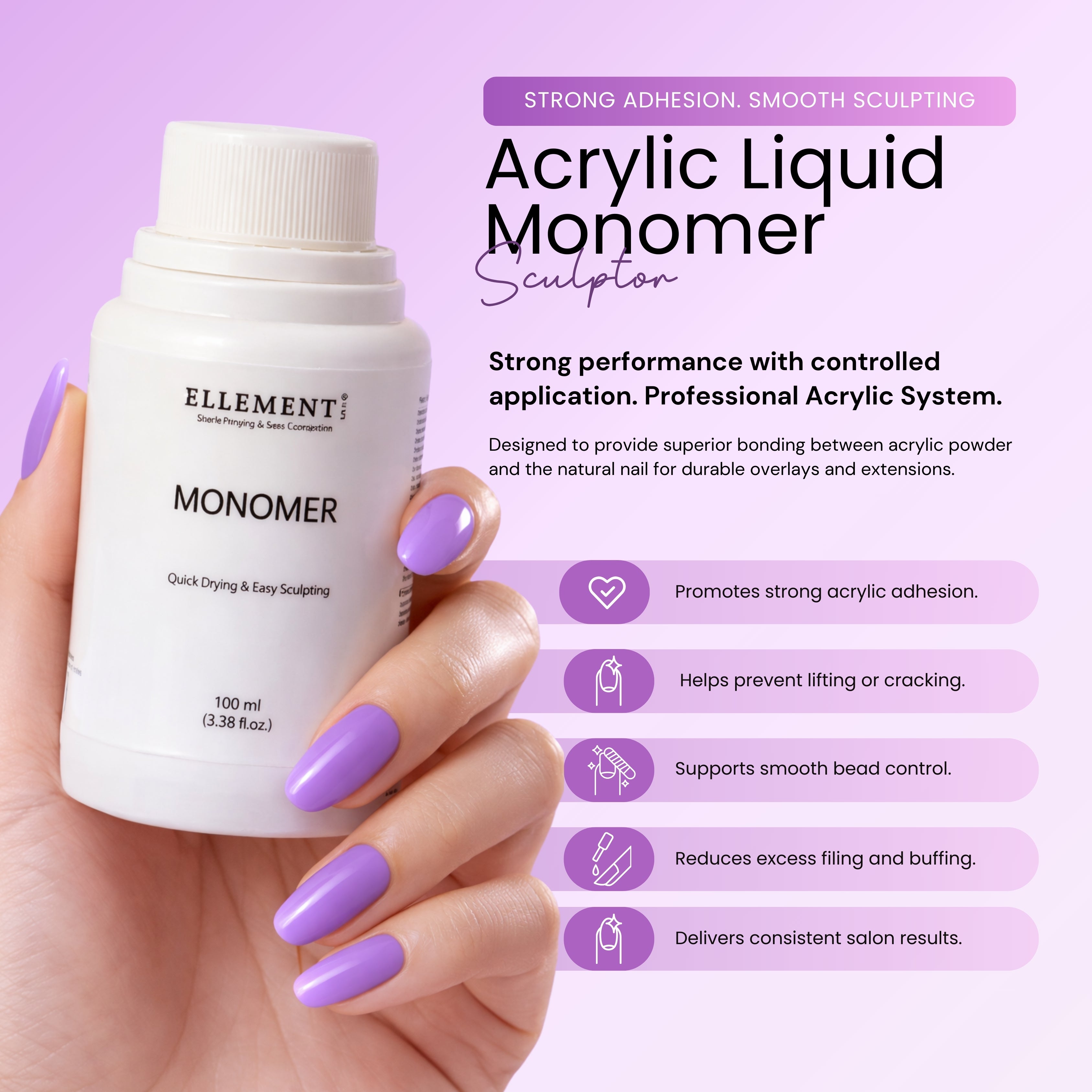 Acrylic Monomer Liquid for Nail Extensions and Overlays – Low Odor, Anti-Yellowing, Medium Drying Formula for Strong Adhesion and Smooth Finish