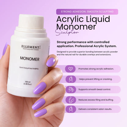 Acrylic Monomer Liquid for Nail Extensions and Overlays – Low Odor, Anti-Yellowing, Medium Drying Formula for Strong Adhesion and Smooth Finish