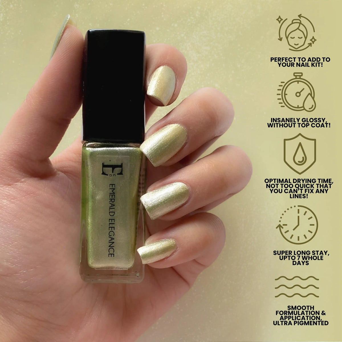 Emerald Elegance Vegan Green Nail Polish – Chip-Resistant, Non-Yellowing, Gel-Like Shine, Long-Lasting 5