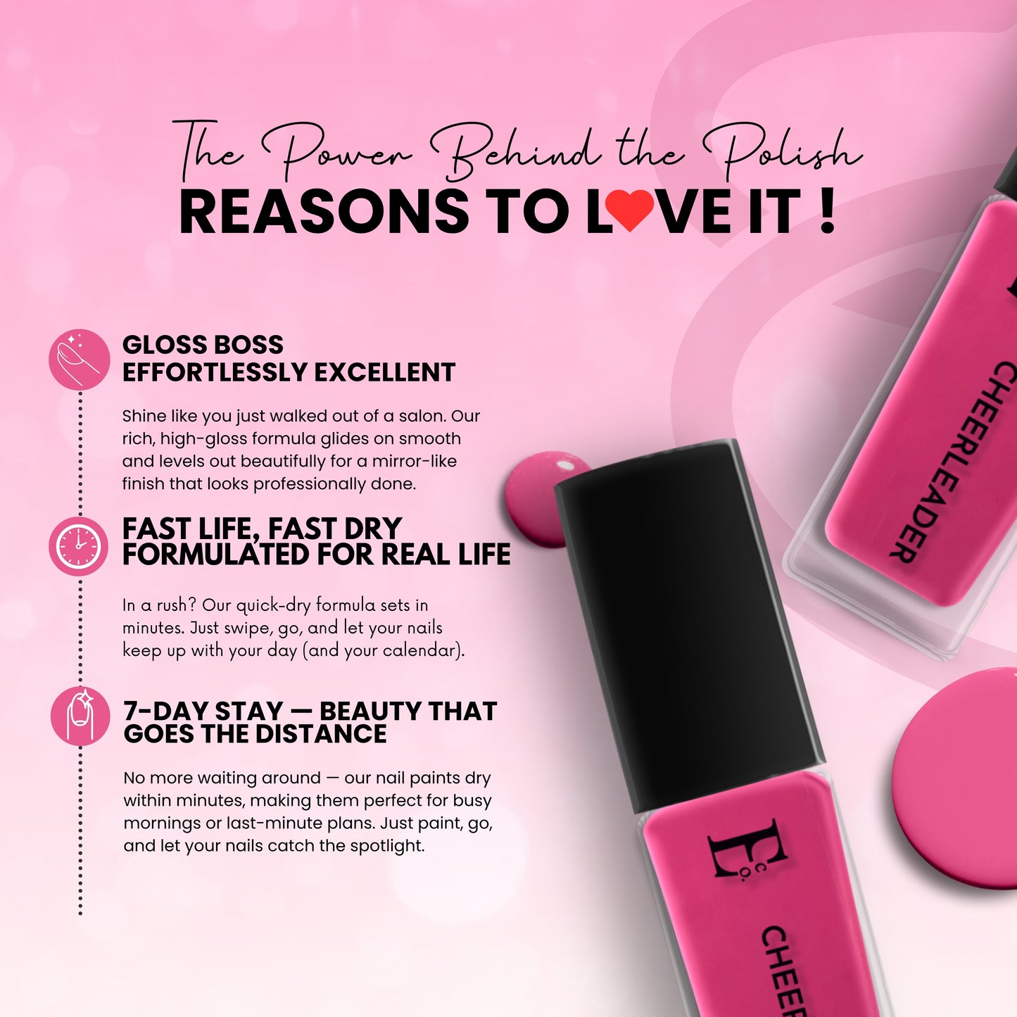 Cheerleader Vegan Nail Polish – Hot Pink, Chip-Resistant, Non-Yellowing, Long-Lasting, Gel-Like Shine