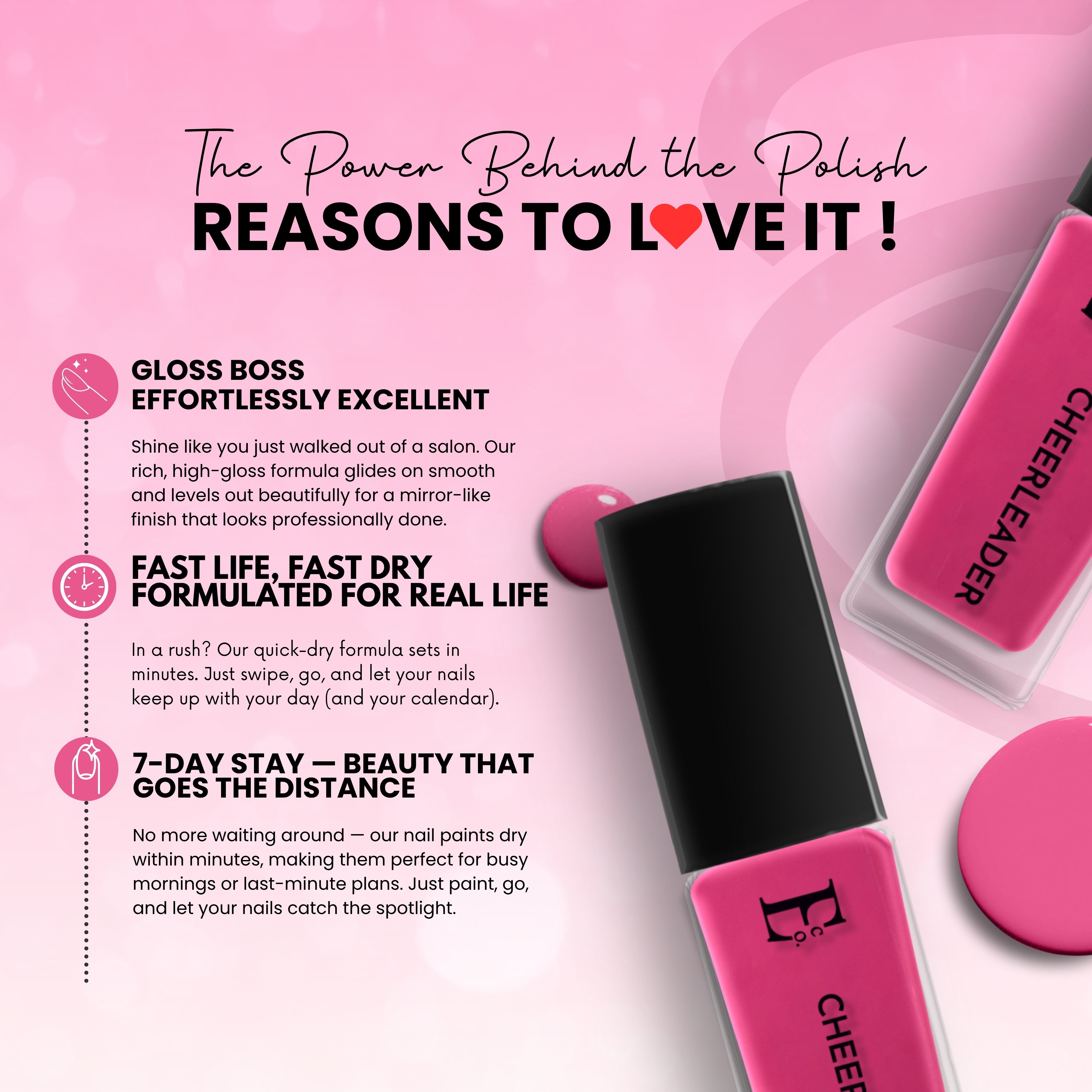 Cheerleader Vegan Nail Polish – Hot Pink, Chip-Resistant, Non-Yellowing, Long-Lasting, Gel-Like Shine