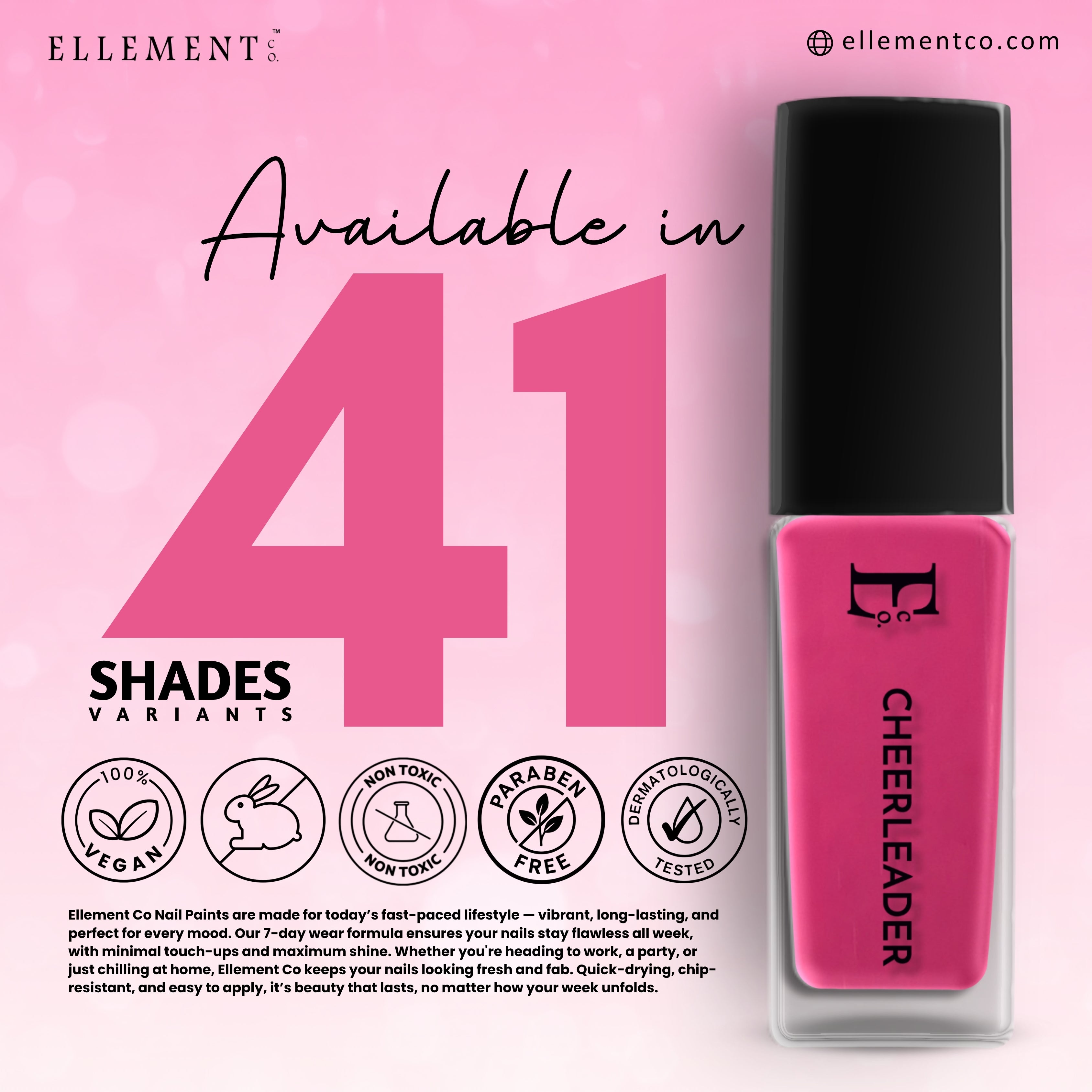 Cheerleader Vegan Nail Polish – Hot Pink, Chip-Resistant, Non-Yellowing, Long-Lasting, Gel-Like Shine