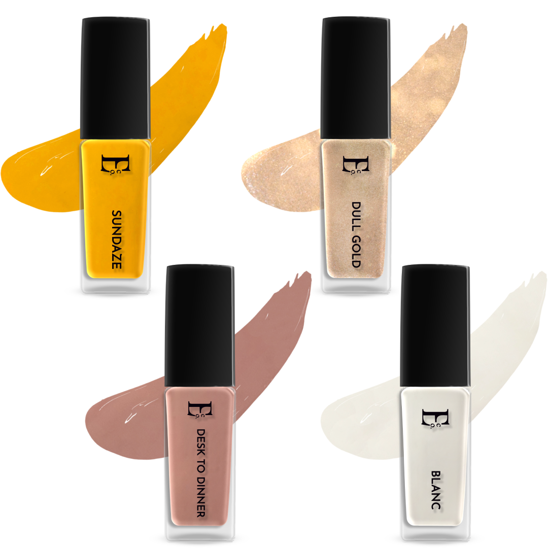 Glow For It Nail Polish Set – 4-Piece Collection with Sundaze Yellow, Dull Gold Shimmer, Desk to Dinner Nude, and Blanc White