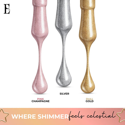 Celestial Shimmer Nail Polish Set, Silver, Dull Gold, Pink Champagne, Sparkling Colors, Set of 3