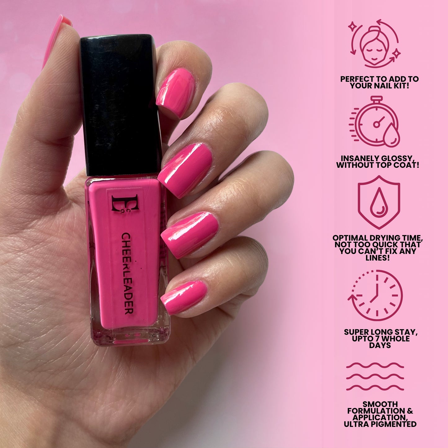 Cheerleader Vegan Nail Polish – Hot Pink, Chip-Resistant, Non-Yellowing, Long-Lasting, Gel-Like Shine