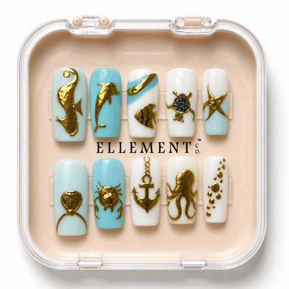 Golden Sea Creatures on Blue 2