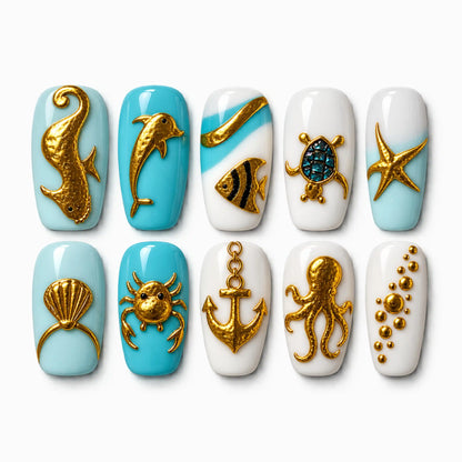 Golden Sea Creatures on Blue 3