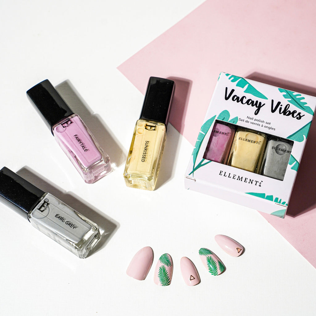 Vacay Vibes Nail Polish Set – 3 Pastel Shades: Sunkissed Yellow, Earl Grey, and Fairytale Pink – Summer Nail Colors
