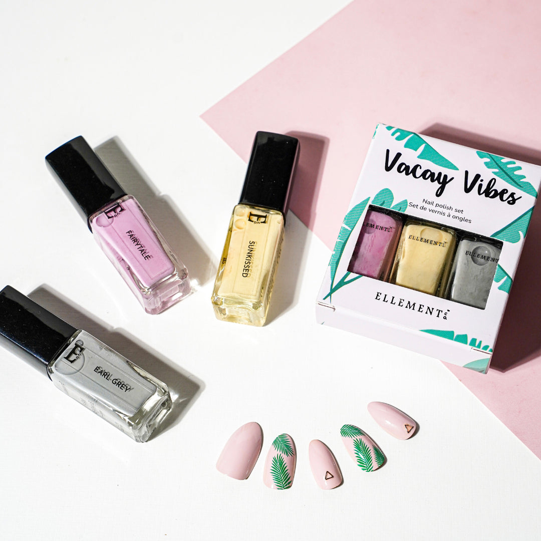 Vacay Vibes Nail Polish Set – 3 Pastel Shades: Sunkissed Yellow, Earl Grey, and Fairytale Pink – Summer Nail Colors