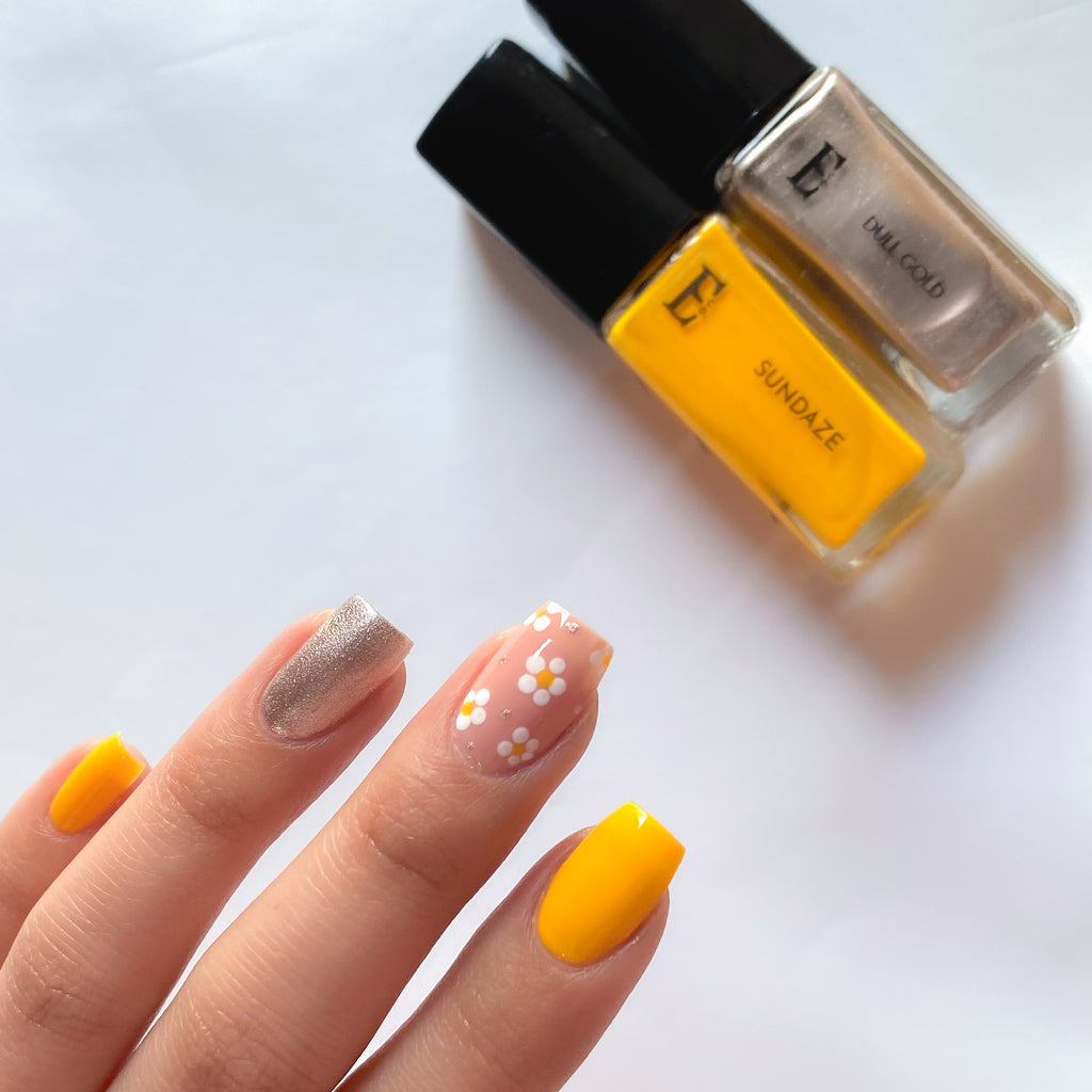 Glow For It Nail Polish Set – 4-Piece Collection with Sundaze Yellow, Dull Gold Shimmer, Desk to Dinner Nude, and Blanc White