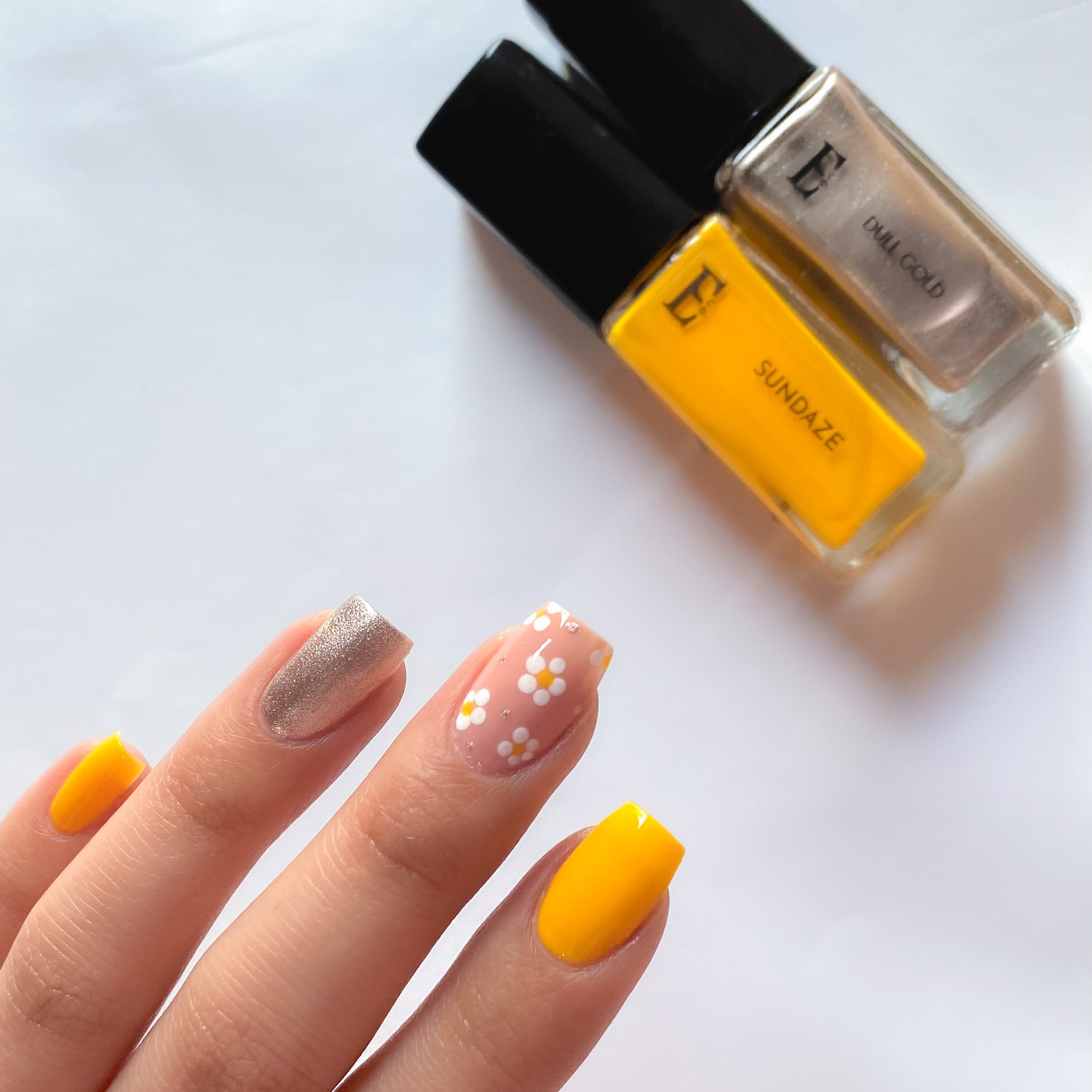 Glow For It Nail Polish Set – 4-Piece Collection with Sundaze Yellow, Dull Gold Shimmer, Desk to Dinner Nude, and Blanc White