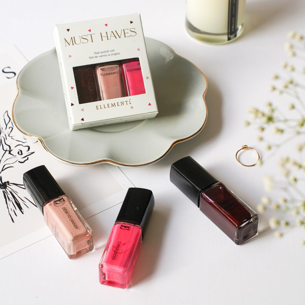 Must Haves Nail Polish Trio – Cheerleader, Merlot & Desk To Dinner – Vibrant Hot Pink, Elegant Maroon & Nude Shades
