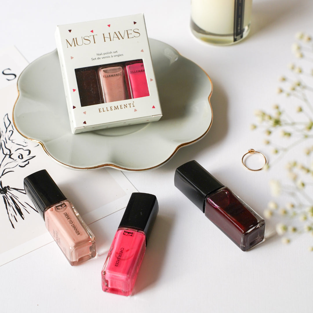 Must Haves Nail Polish Trio – Cheerleader, Merlot & Desk To Dinner – Vibrant Hot Pink, Elegant Maroon & Nude Shades
