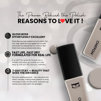 Chiffon Grey Vegan Nail Polish – Chip-Resistant, Pastel Color, Non-Yellowing, Gel-Like Shine, Long-Lasting