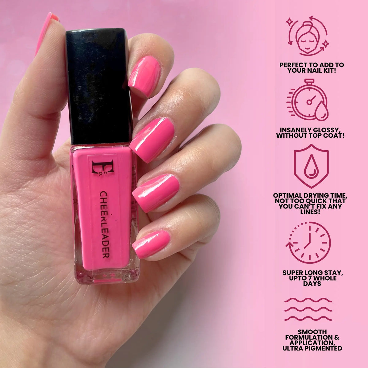 Cheerleader Vegan Nail Polish – Hot Pink, Chip-Resistant, Non-Yellowing, Long-Lasting, Gel-Like Shine 7