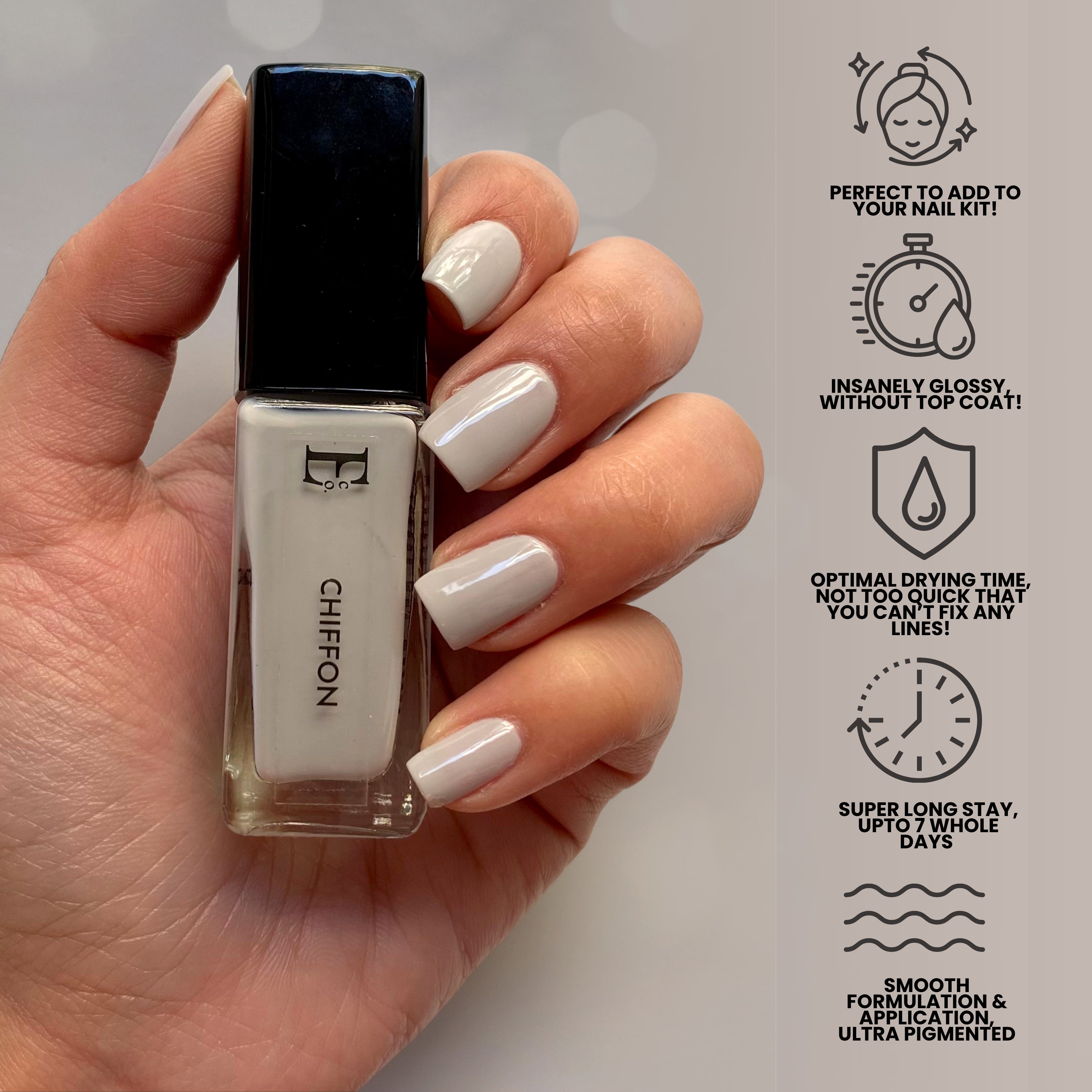 Chiffon Grey Vegan Nail Polish – Chip-Resistant, Pastel Color, Non-Yellowing, Gel-Like Shine, Long-Lasting