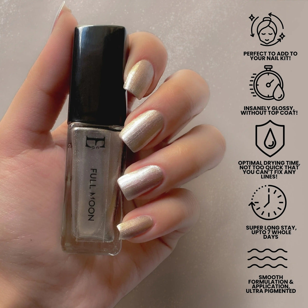 Full Moon Vegan Metallic Nail Polish – Chip-Resistant, Non-Yellowing, Shimmer Finish, Long-Lasting 6