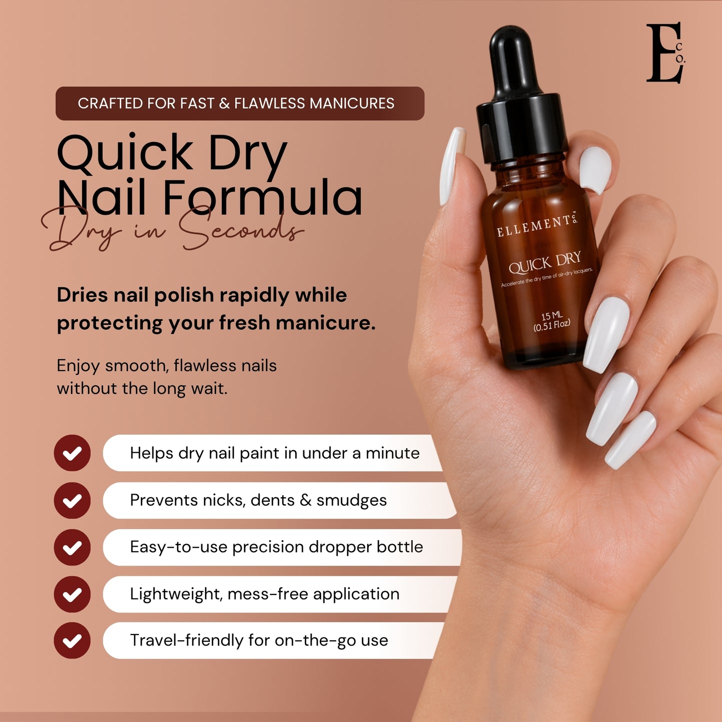 Ellement Co. Quick Dry Nail Drops – Fast-Drying, Smudge-Free Polish Accelerator, 15ML