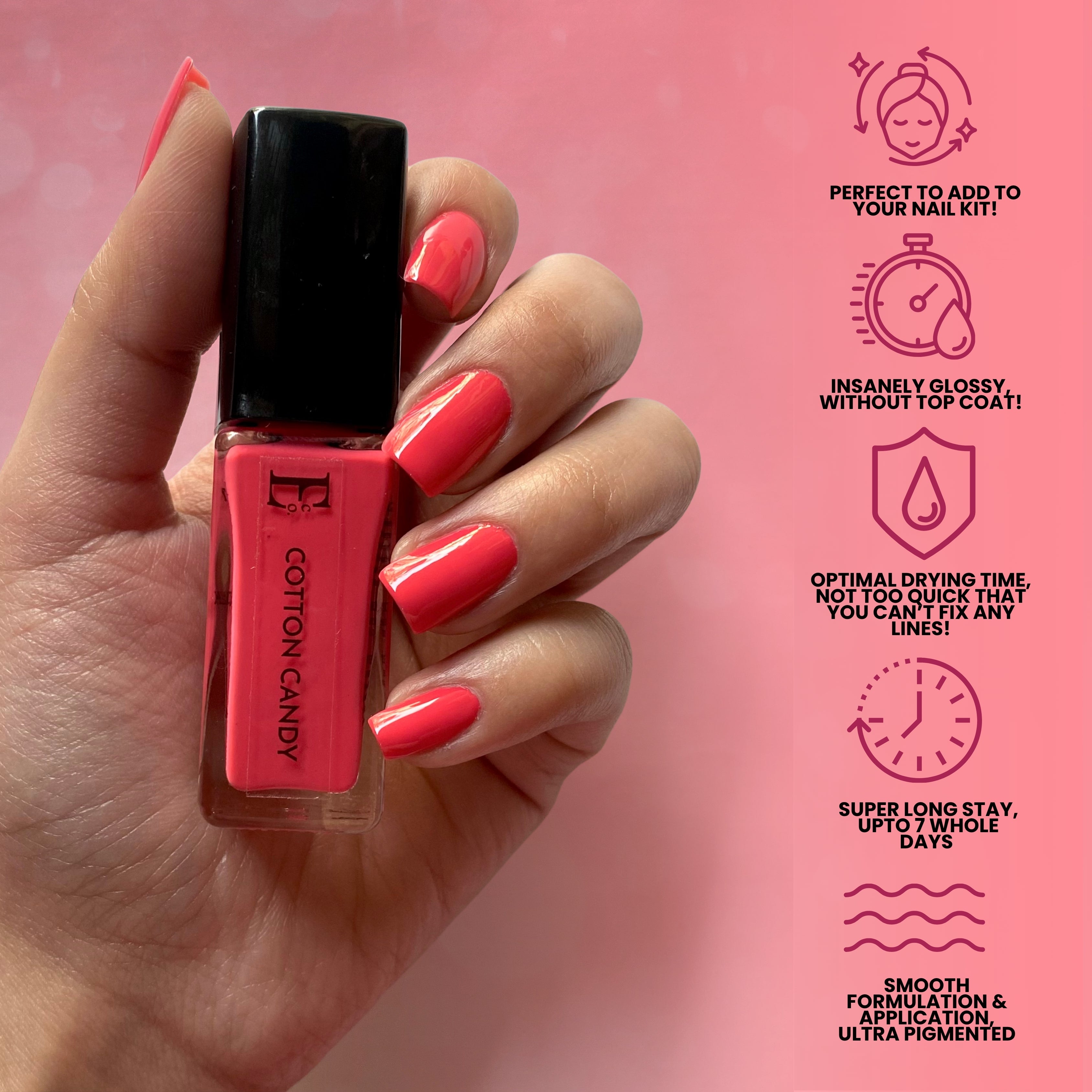 Cotton Candy Vegan Hot Pink Nail Polish – Chip-Resistant, Non-Yellowing, Gel-Like Shine, Long-Lasting