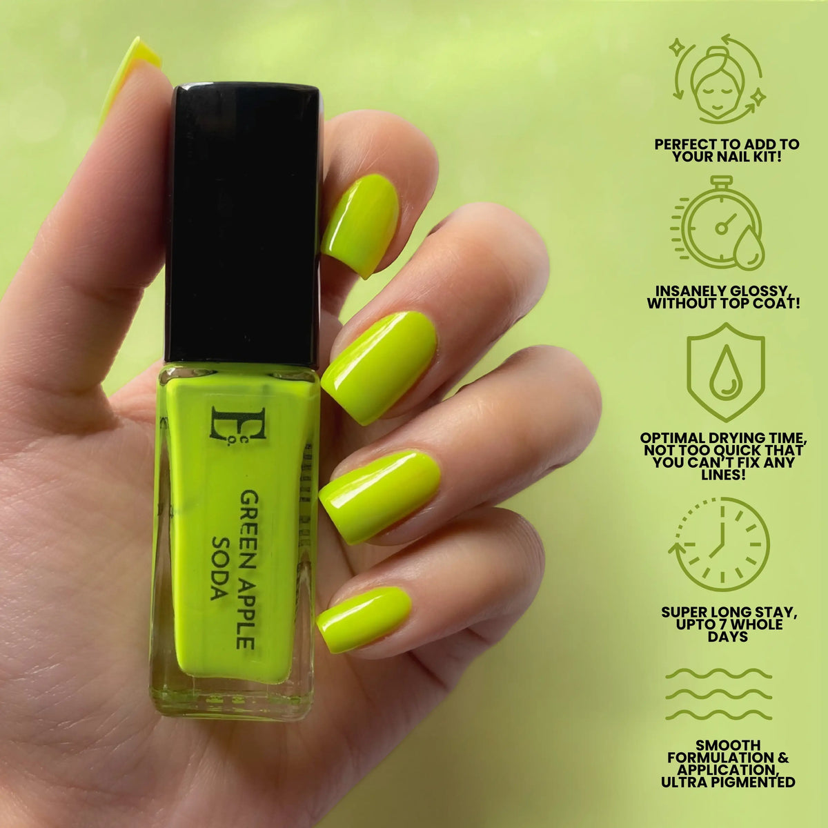 Green Apple Soda Vegan Nail Polish – Chip-Resistant, Non-Yellowing, Neon Finish, Gel-Like Shine, Long-Lasting 6