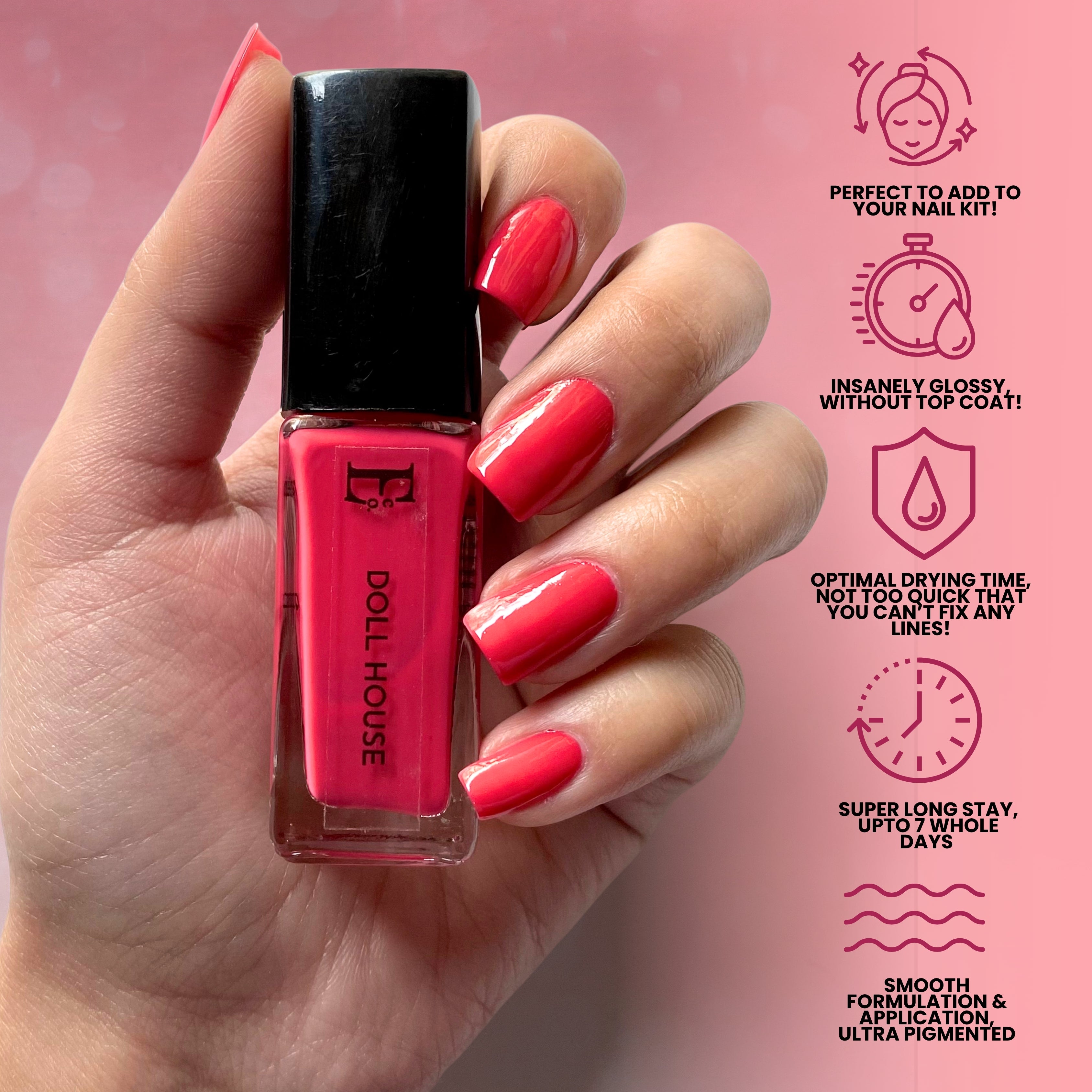 Doll House Vegan Pink Nail Polish – Chip-Resistant, Non-Yellowing, Gel-Like Shine, Long-Lasting